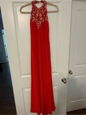 Embellished Halter Red Prom Gown